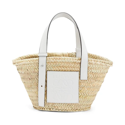 LOEWE Basket Bag in Palm Leaf and Calfskin Small Natural/White