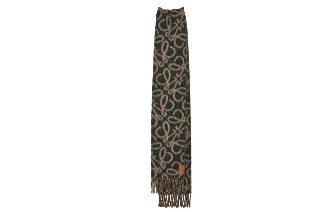LOEWE Dual-Sided Wool Fringe Scarf Unisex Couple Style Brown-Green. F811257X23