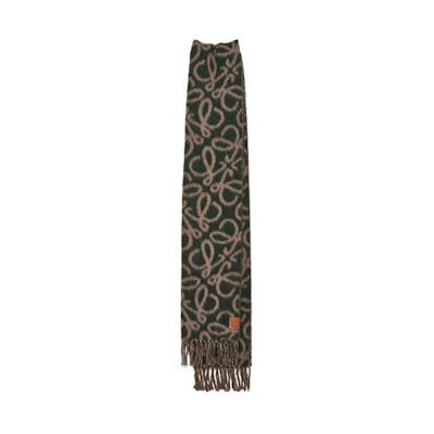LOEWE Dual-Sided Wool Fringe Scarf Unisex Couple Style Brown-Green. F811257X23