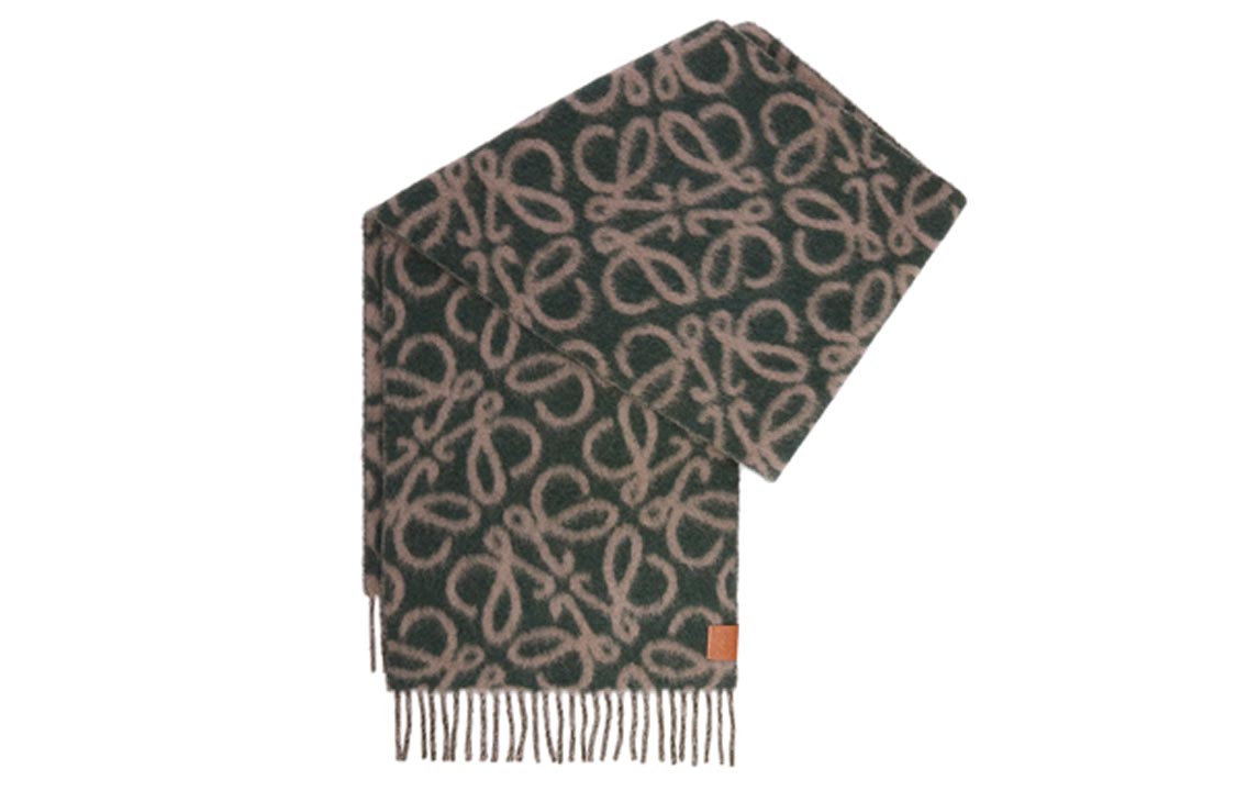 Shop LOEWE 双面羊毛流苏围巾 男女同款 棕绿配色。 F811257X23