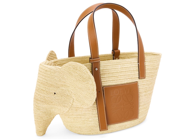 Order Beg Tangan Gajah LOEWE dalam Raffia dan Kulit Anak Sapi Asli/Coklat Tan