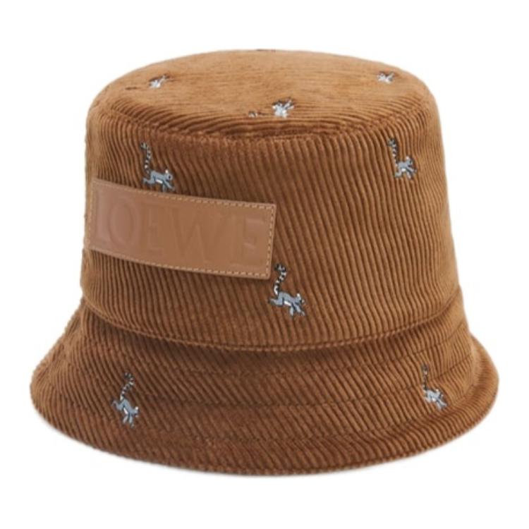 LOEWE Embroidered Cotton Corduroy Calfskin Bucket Hat Brown Unisex Couple Style K820HB1X78
