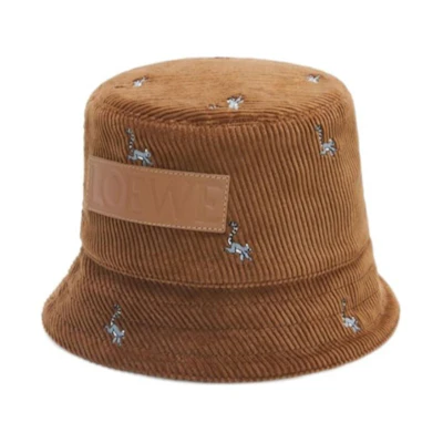 LOEWE Embroidered Cotton Corduroy Calfskin Bucket Hat Brown Unisex Couple Style K820HB1X78