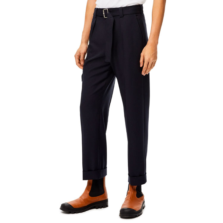 Shop LOEWE FW21 Seluar Kargo Hitam Wool Tirus dengan Poket Sisi. H526Y04W37-5190