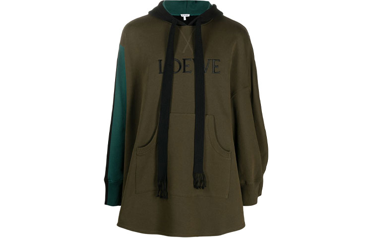 LOEWE FW21 Military Green Hoodie with Logo Print and Patchwork Design H526341XB5-1100