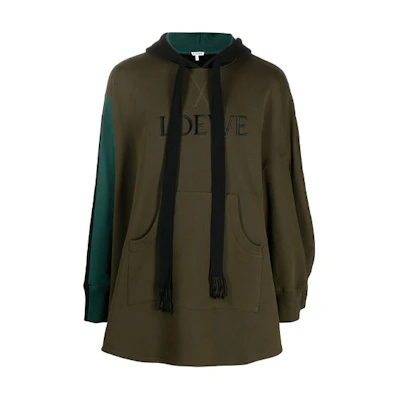 LOEWE FW21 Military Green Hoodie with Logo Print and Patchwork Design H526341XB5-1100