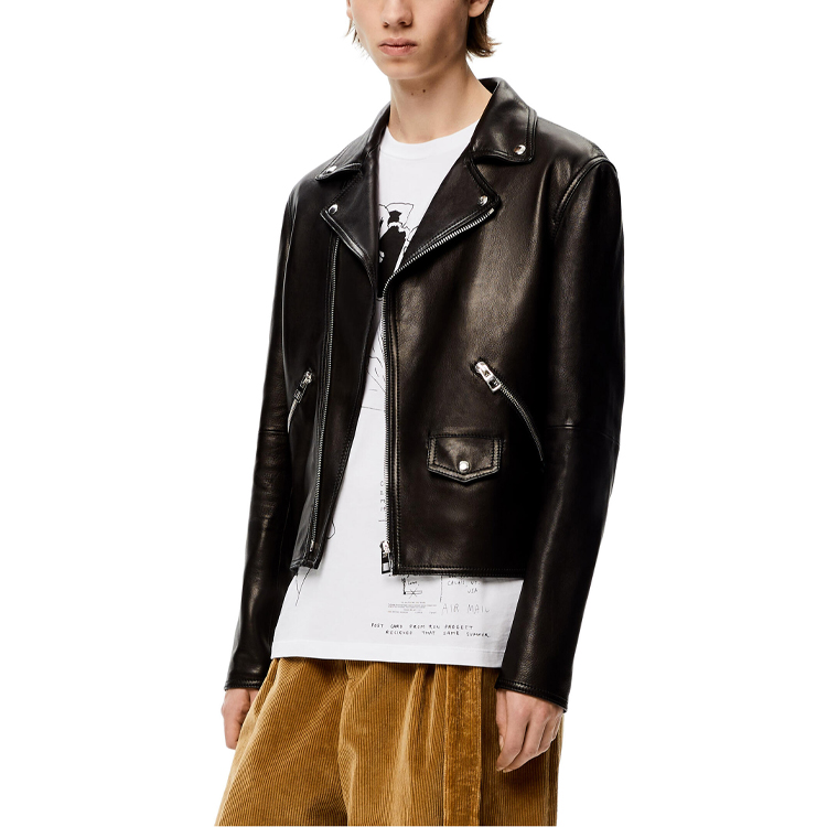 Shop LOEWE FW21 男士黑色寬版機車皮衣外套 H526Y19L14-1100