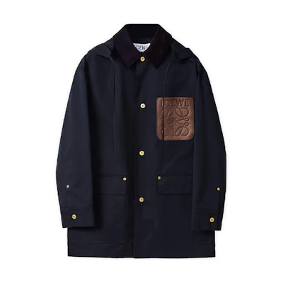 LOEWE FW21 Solid Color Printed Navy Blue Hooded Coat for Men. H526Y03W16-5110