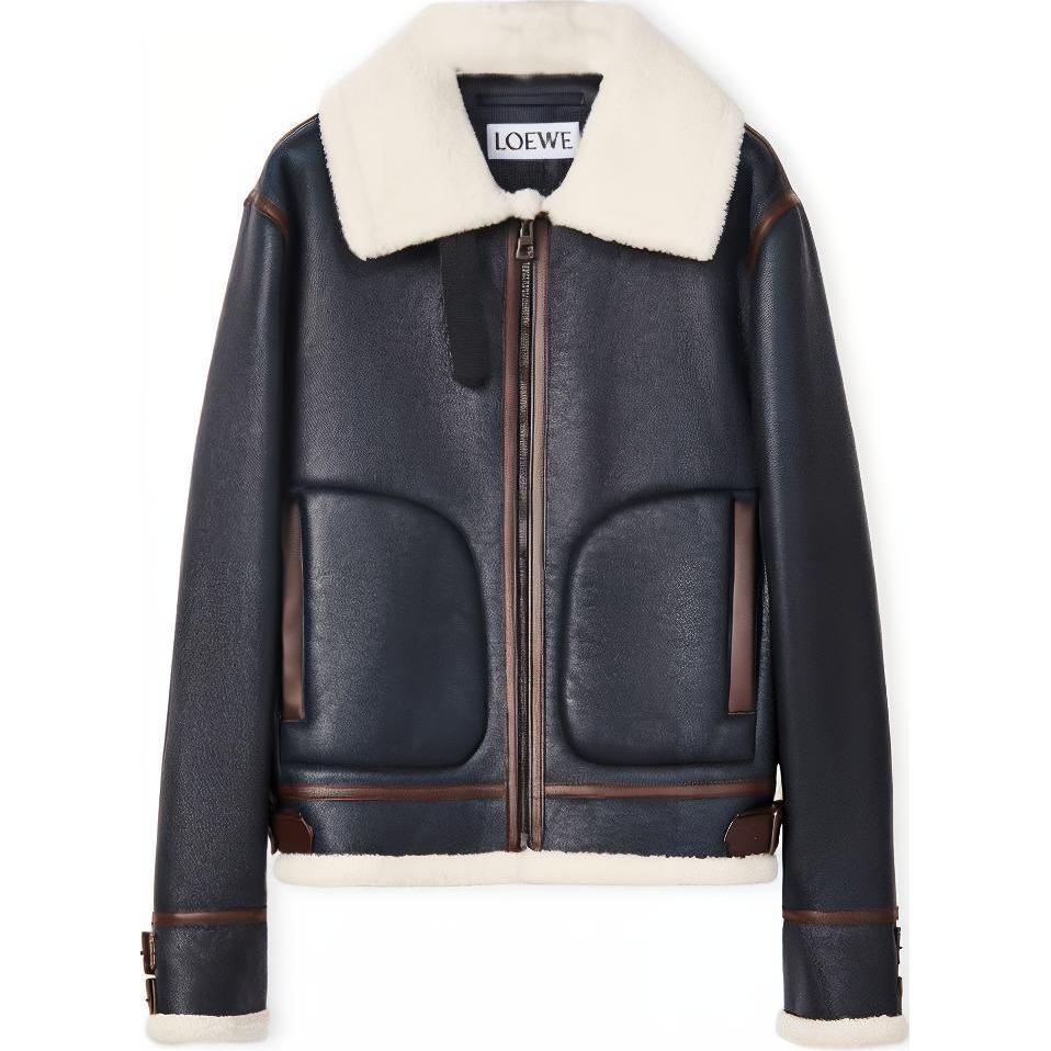 LOEWE FW22 Black Zip-Up Jacket with Patchwork Fur Collar H526Y19L59-2504