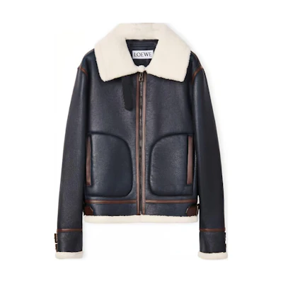 LOEWE FW22 Black Zip-Up Jacket with Patchwork Fur Collar H526Y19L59-2504