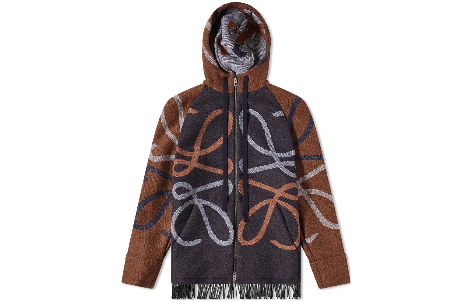 LOEWE FW22 Logo Jacquard Fringed Zip Hoodie Jacket Brown H526Y01W49-4042