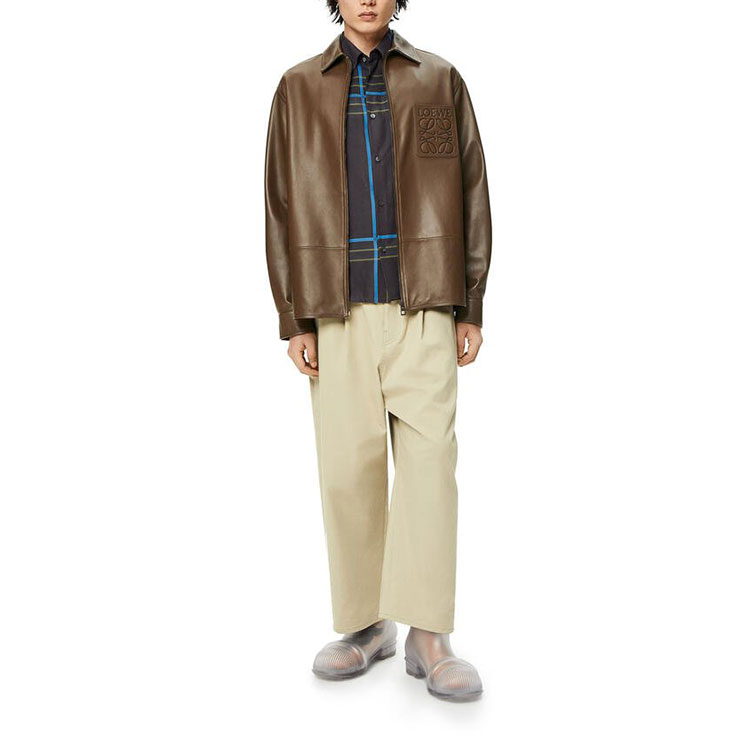 Shop LOEWE FW22 Jaket Zip-Up Kulit Nappa Khaki Lelaki - Pakaian Luar H526Y31L03-4160