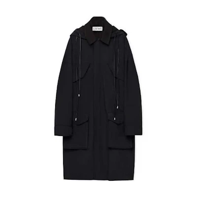 LOEWE FW23 Black Solid Color Mid-Length Hooded Parka Jacket H526Y01WAS-1100