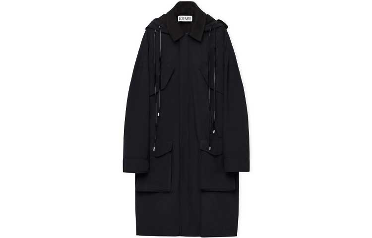 Order 로에베 FW23 블랙 솔리드 컬러 미드 기장 후드 파카 재킷 H526Y01WAS-1100