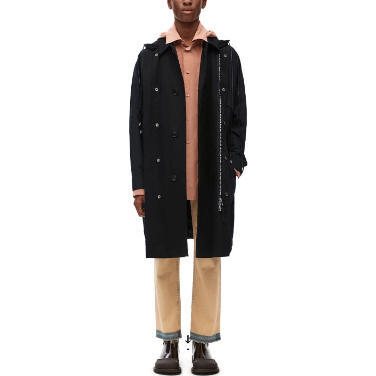 Lookbook 로에베 FW23 블랙 솔리드 컬러 미드 기장 후드 파카 재킷 H526Y01WAS-1100