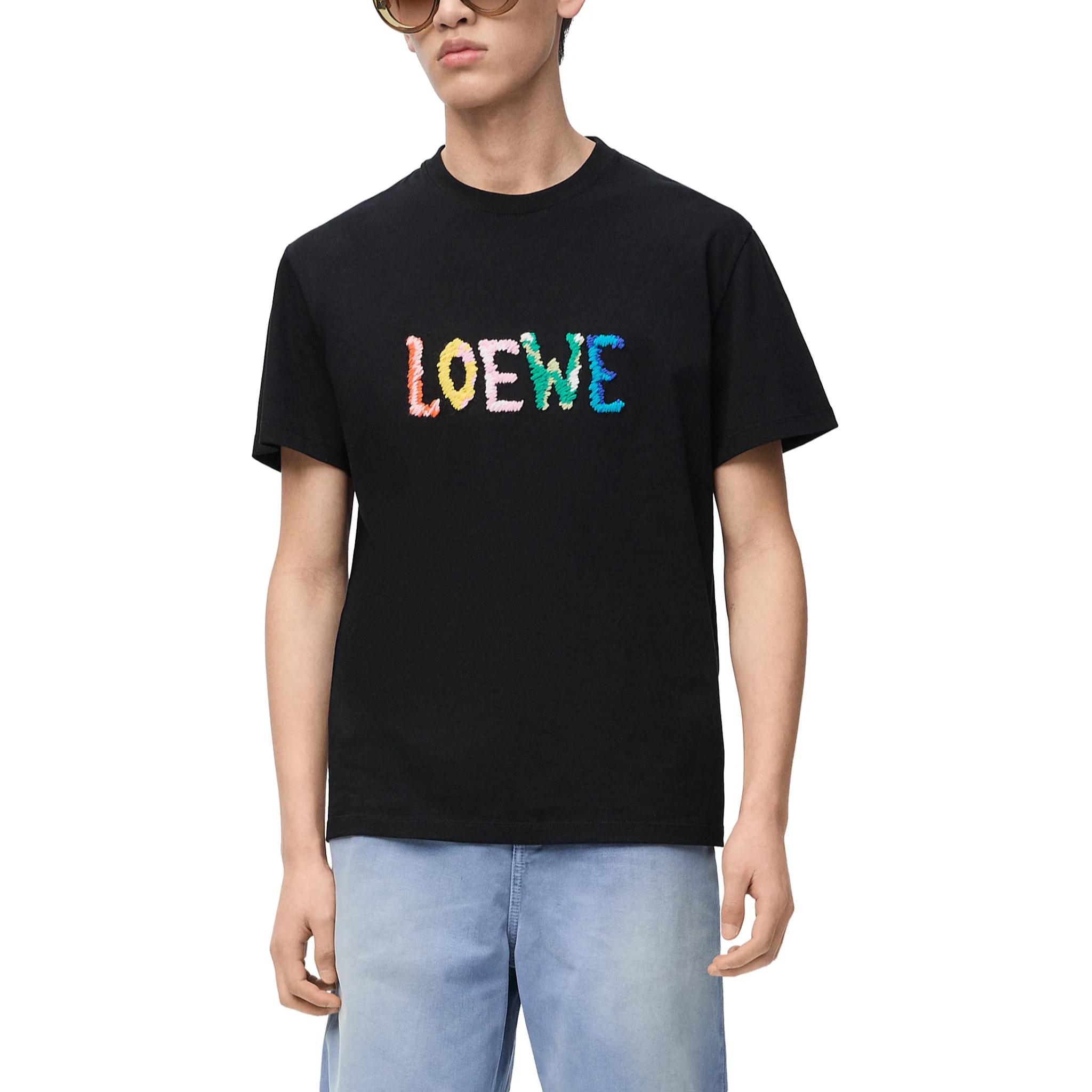 Shop LOEWE FW24  Black Logo Embroidered Relaxed Fit Crewneck T-Shirt. H526Y22XBF-1100