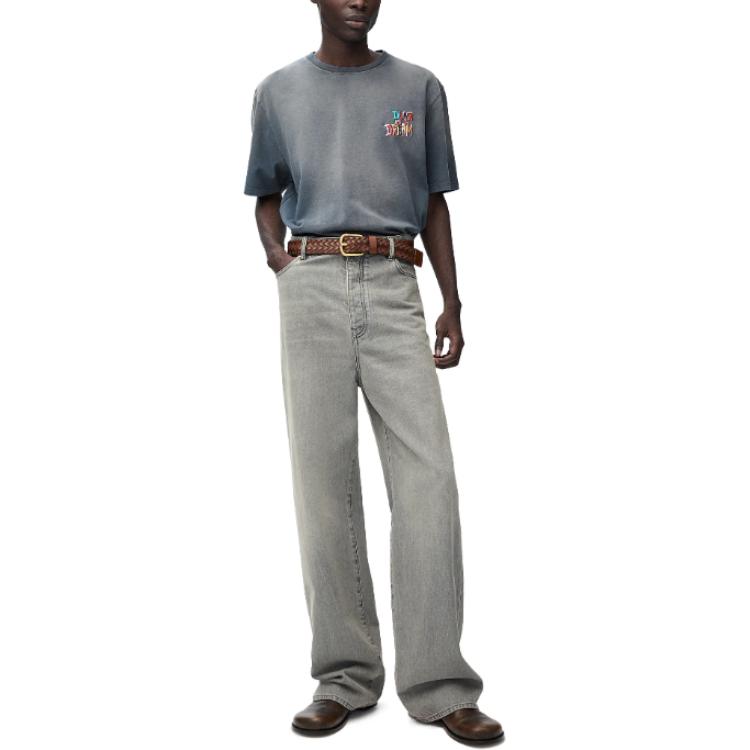 Lookbook ロエベ FW24 ルーズフィット ロゴ刺繍 ブルー クルーネック Tシャツ HSM1Y22J05-4985