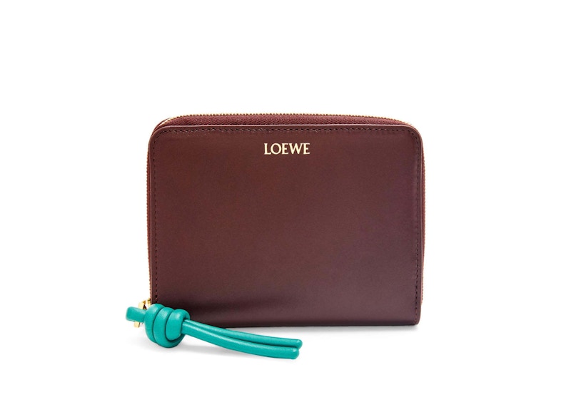 LOEWE Knot Compact Zip Wallet in Shiny Nappa Calfskin Burgundy/Emerald