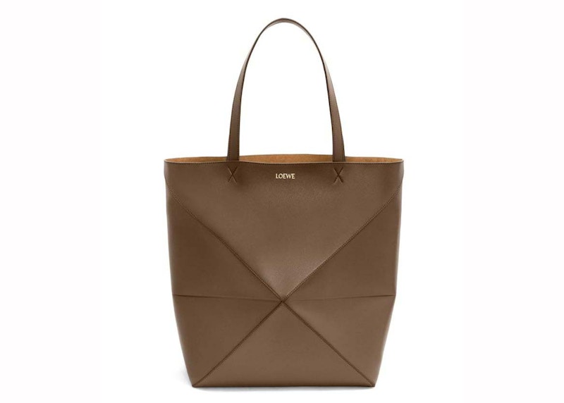 LOEWE Large Puzzle Fold Tote in Shiny Calfskin Umber