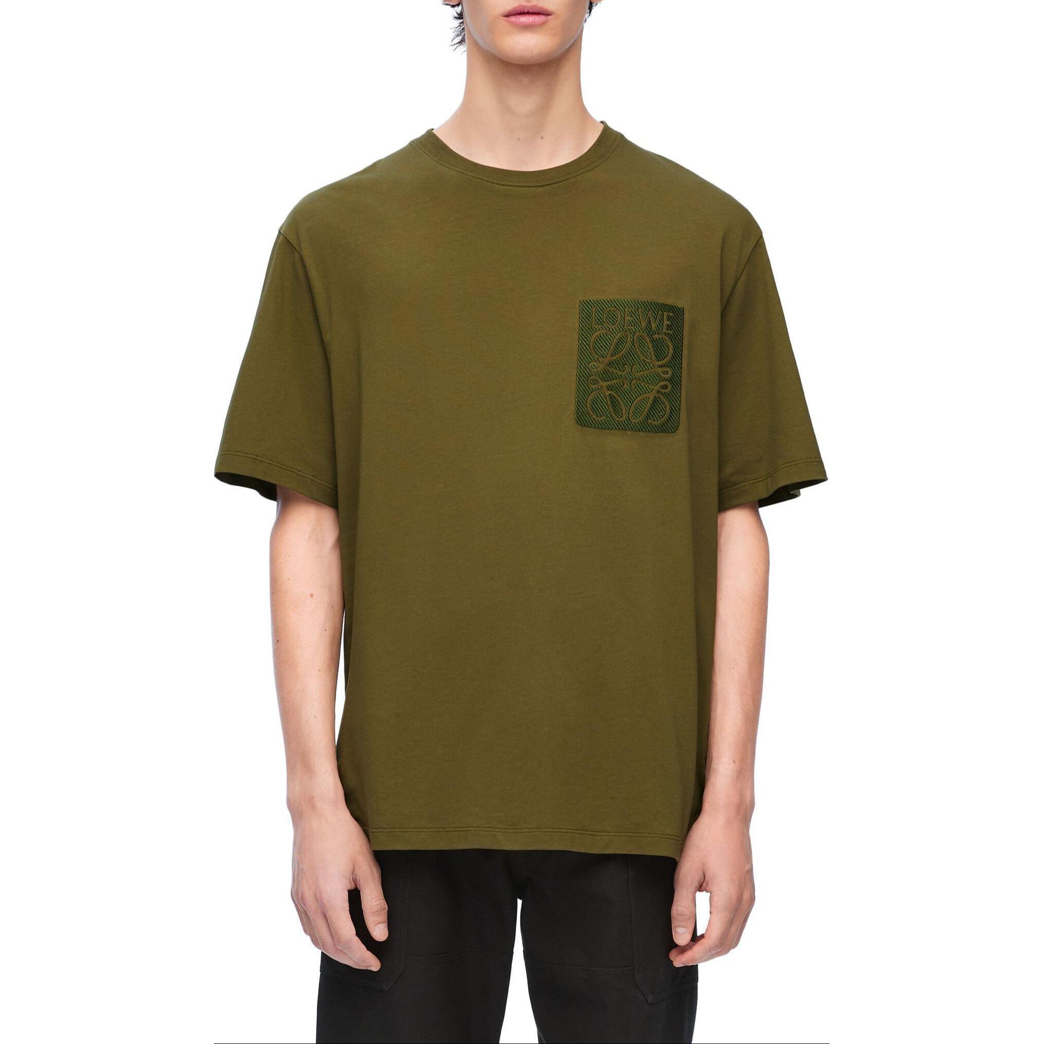 Shop LOEWE Logo Print Crew Neck Short Sleeve T-Shirt Olive Green Mens. H526Y22XAT-4700