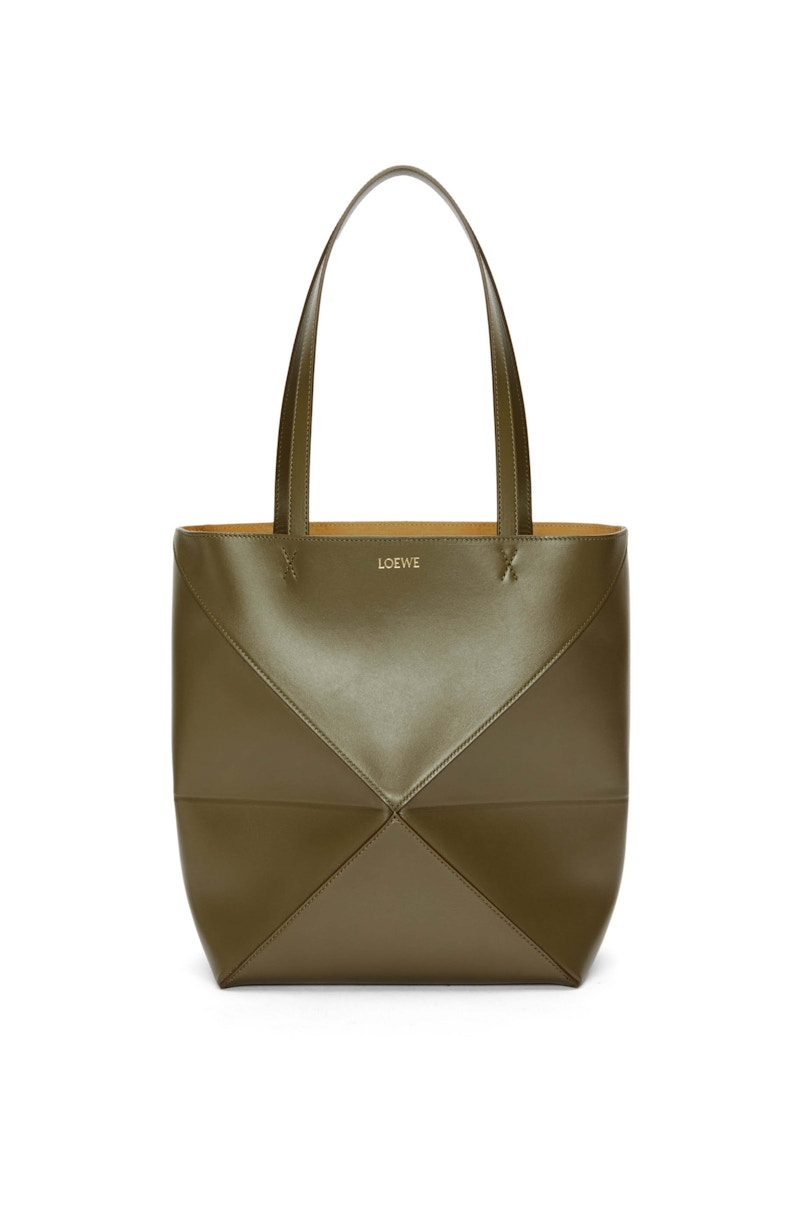 LOEWE Medium Puzzle Fold Tote in Shiny Calfskin Dark Khaki Green