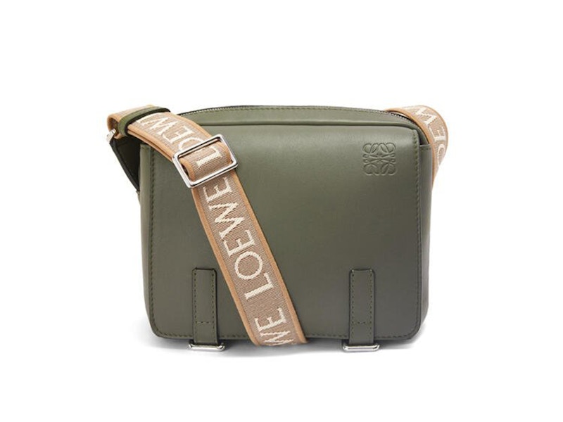 LOEWE Military Messenger Bag in Soft Grained Calfskin and Jacquard XS Khaki Green