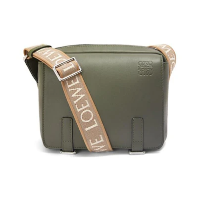 LOEWE Military Messenger Bag in Soft Grained Calfskin and Jacquard XS Khaki Green