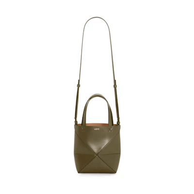 LOEWE Mini Puzzle Fold Tote in Shiny Calfskin Dark Khaki Green