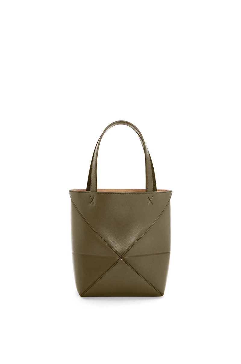 LOEWE Mini Puzzle Fold Tote in Shiny Calfskin Dark Khaki Green 圖 2