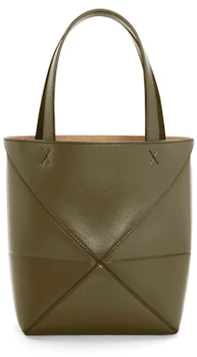 Beg Mini Puzzle Fold Tote dalam Kulit Kilat Hijau Khaki Gelap Order Beg Mini Puzzle Fold Tote dalam Kulit Kilat Hijau Khaki Gelap