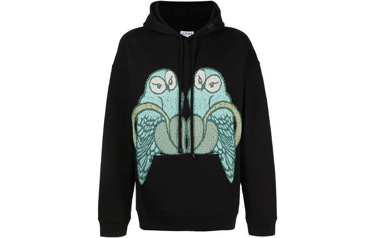 LOEWE Owl Embroidered Drawstring Casual Hoodie Black H800Y25X02-1489