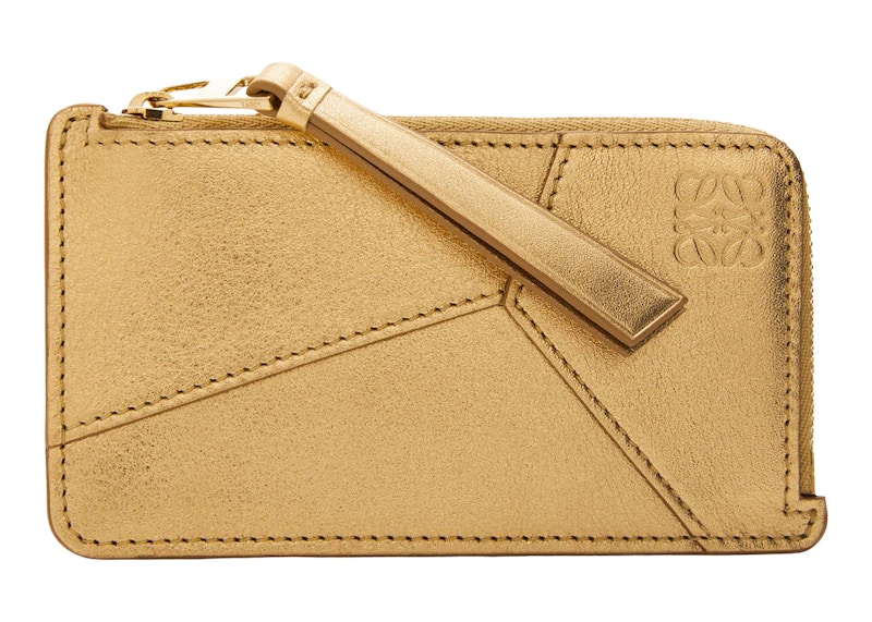 LOEWE Puzzle Coin Cardholder in Metallic Calfskin Gold/Oak