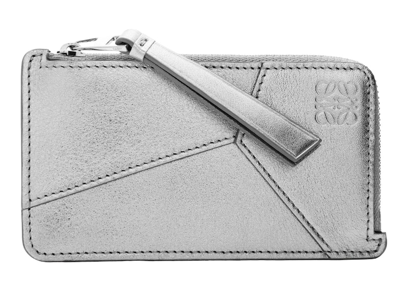 LOEWE Puzzle Coin Cardholder in Metallic Calfskin Silver/Pearl Grey