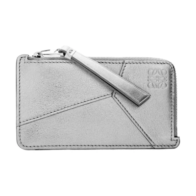 LOEWE Puzzle Coin Cardholder in Metallic Calfskin Silver/Pearl Grey