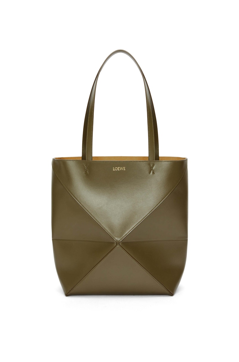 LOEWE Puzzle Fold Tote in Shiny Calfskin Dark Khaki Green