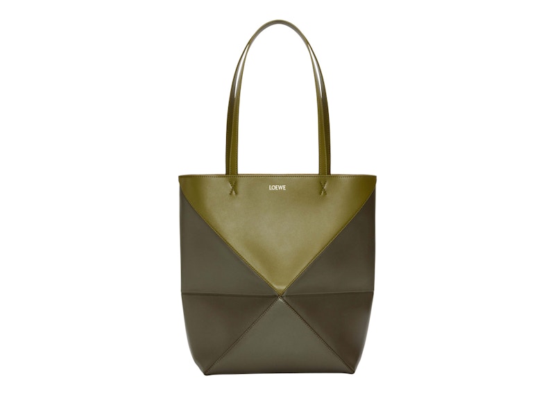 LOEWE Puzzle Fold Tote in Shiny Calfskin Olive Green/Khaki Green