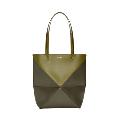 LOEWE Puzzle Fold Tote in Shiny Calfskin Olive Green/Khaki Green