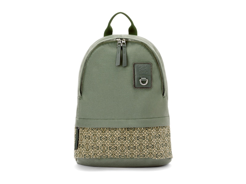 LOEWE Round Slim Backpack in Canvas and Anagram Jacquard Khaki Green