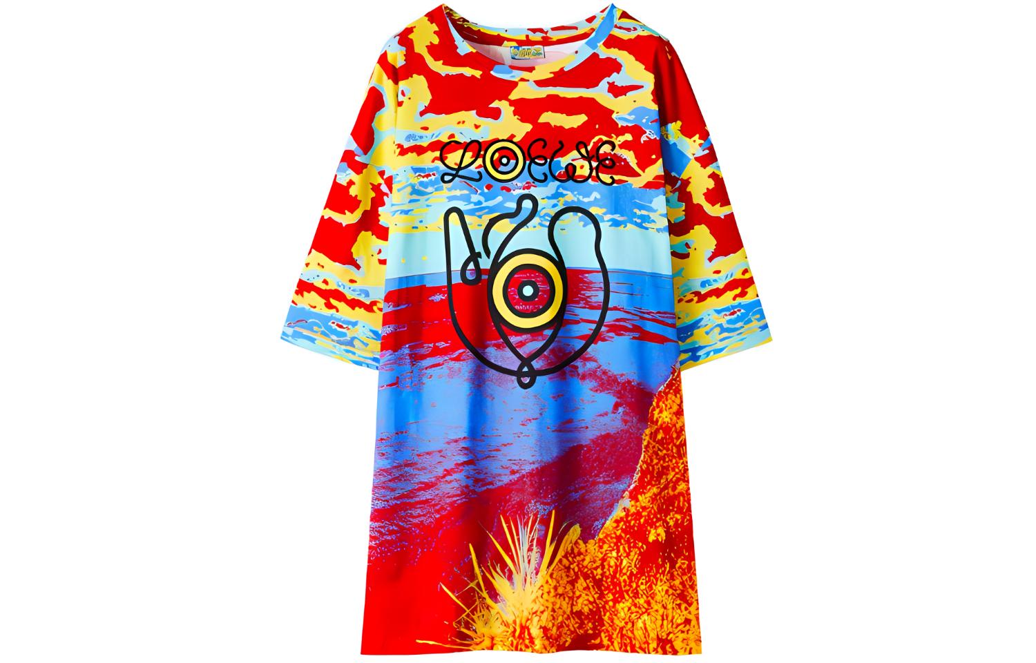 LOEWE SS21 Blue Cotton Crewneck T-Shirt with Multicolor Print. H664Y22J05-8890