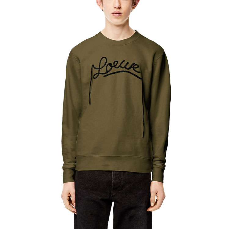 Shop LOEWE SS21 刺繡軍綠色長袖圓領衫 H526Y24J06-4160