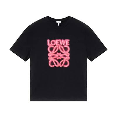 LOEWE SS22 Neon Pink Embroidered Logo Black Crewneck T-Shirt. H526Y22X12-8964