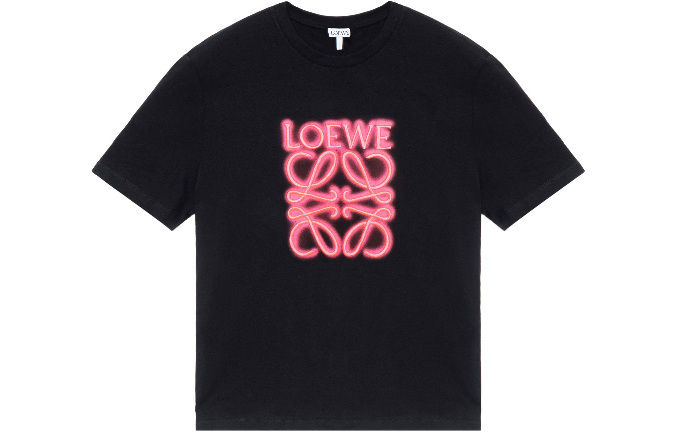 Order LOEWE SS22 霓虹粉刺繡標誌黑色圓領T恤. H526Y22X12-8964