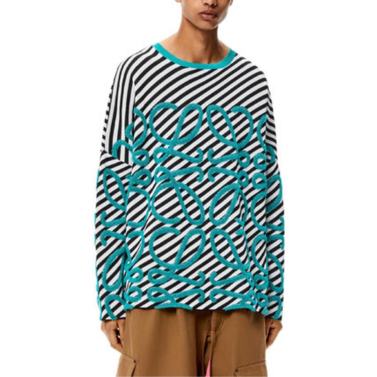 Shop LOEWE SS22 男士藍色全版印花圓領毛衣 H526Y14KAS-2076