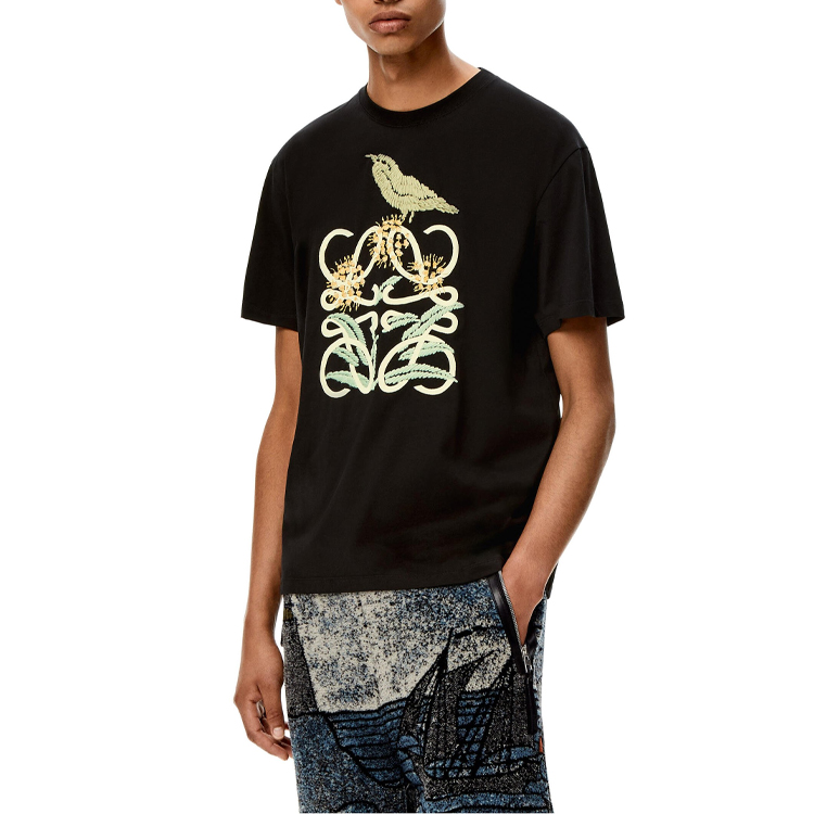 Shop LOEWE SS22 Camiseta Negra Bordada con Diseño Botánico de Manga Corta. H800Y22X16-1489