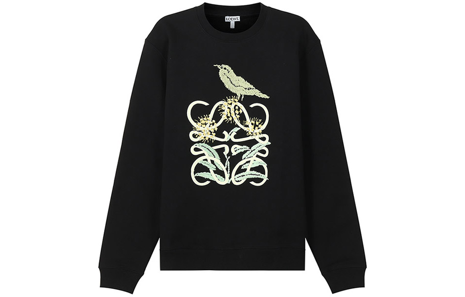 LOEWE SS22 Botanical Anagram Embroidered Fleece Sweatshirt Black Male Winter H800Y24X05-1489
