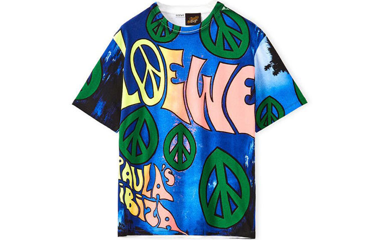 LOEWE SS22 Paula's Ibiza Geometric Logo Print Blue T-Shirt for Men. H616Y22X34-9990