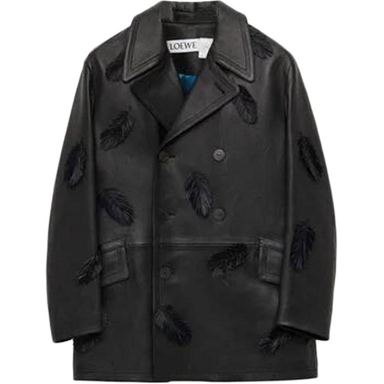 LOEWE SS23 Black Feather Embroidered Leather Jacket Unisex SB44Y18L01-1100
