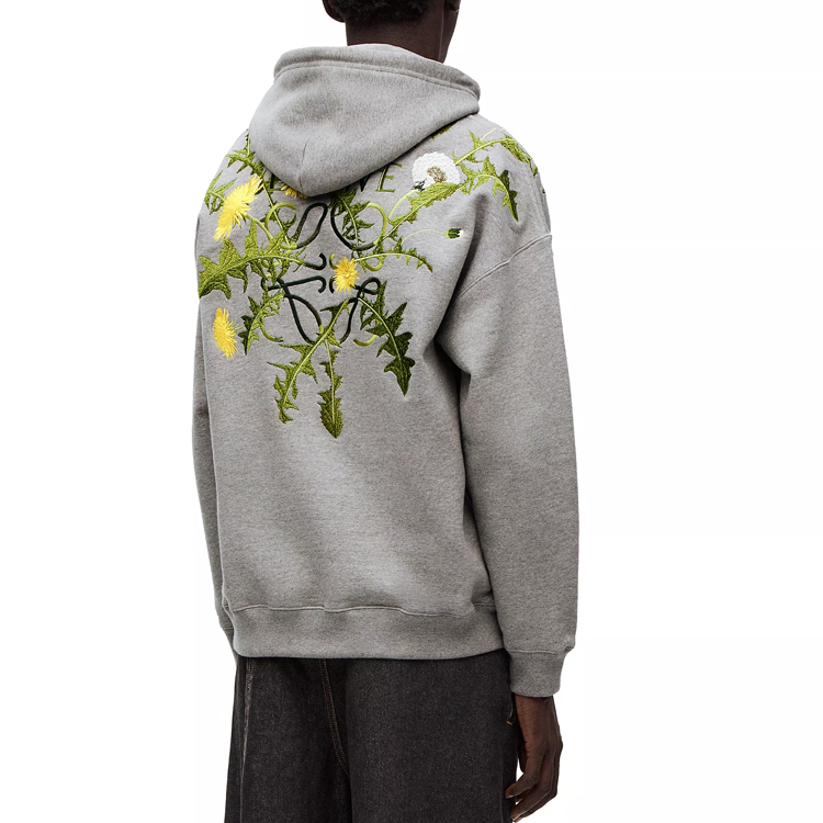 Shop LOEWE SS23 Hoodie Bordir Bunga Pria Warna Abu Muda. H526Y25X22-1440