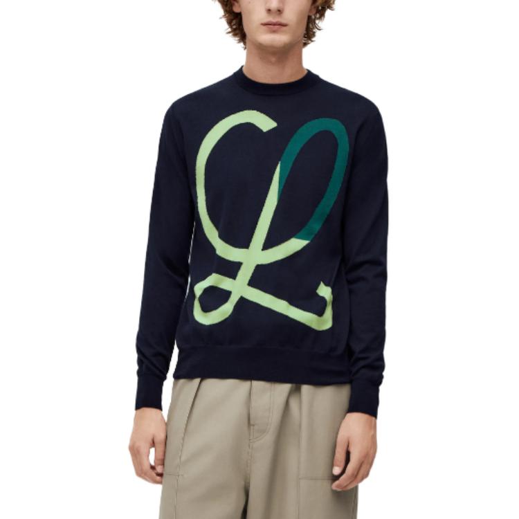 Shop LOEWE SS23 蓝色图案提花罗纹长袖圆领毛衣 H526Y14KDJ-5104
