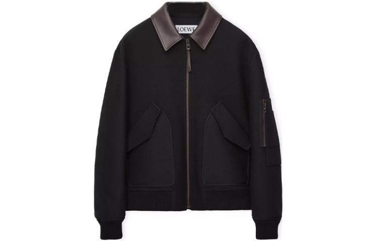 LOEWE SS23 Wool Silk Leather Collar Bomber Jacket Black H526Y01W97-1192